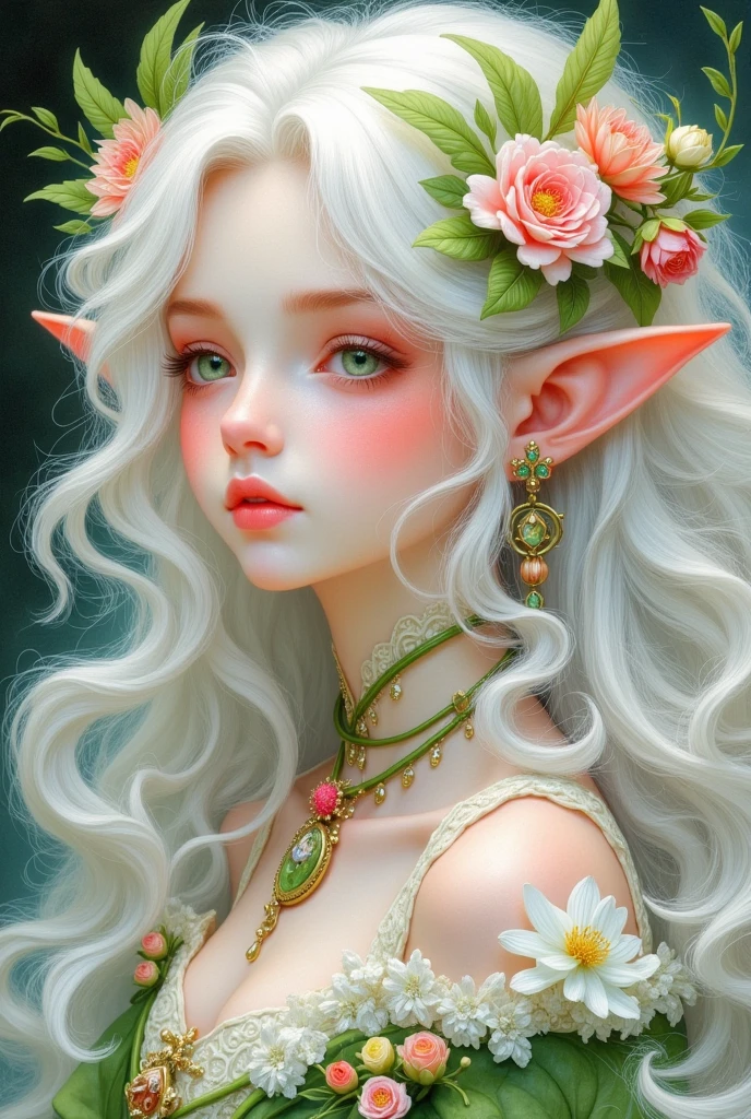  The painting is of a girl with white hair and flowers in her hair, Elf Girl wearing an flower suit, Elf Princess, Elf Girl,  exquisite digital art , 非常美丽的Portrait of an Elf, Elf Princess, little Elf Girl, 可爱的数字艺术,  fantasy art style , Portrait of an Elf,   lovely detailed artwork , a Portrait of an Elf, beautiful Elf Princess