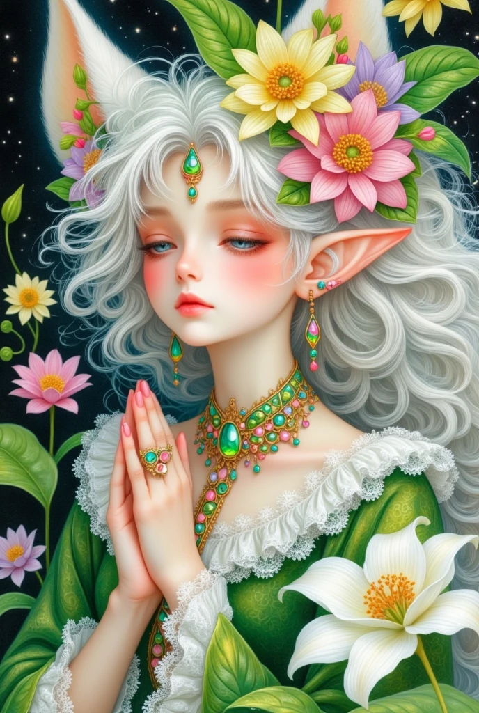  A painting depicting a girl with white hair 、 with flowers in her hair, a detailed painting inspired by Jeremiah Ketner , Popular in the CG community , Fantasy Art, Elf Girl wearing an flower suit, Elf Princess, Elf Girl,  exquisite digital art , 非常美丽的Portrait of an Elf, Elf Princess, little Elf Girl, 可爱的数字艺术, Fantasy Art style, Portrait of an Elf