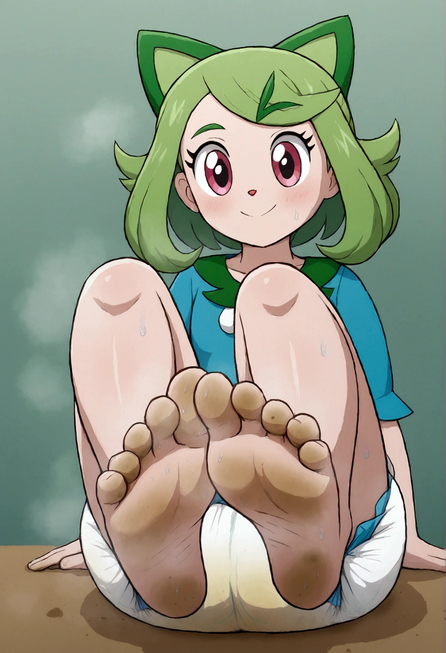 masterpiece, best quality, highres, liko as a toddler, girl sitting, wet diaper, very cute, adorable, curious, barefoot sole, foot focus, dirt, smelly, stinky, steamy, sweaty