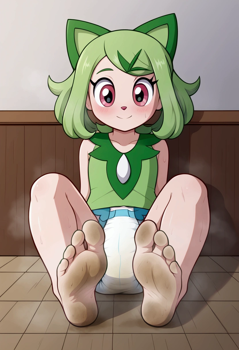 masterpiece, best quality, highres, liko as a toddler, girl sitting, wet diaper, very cute, adorable, curious, barefoot sole, foot focus, dirt, smelly, stinky, steamy, sweaty