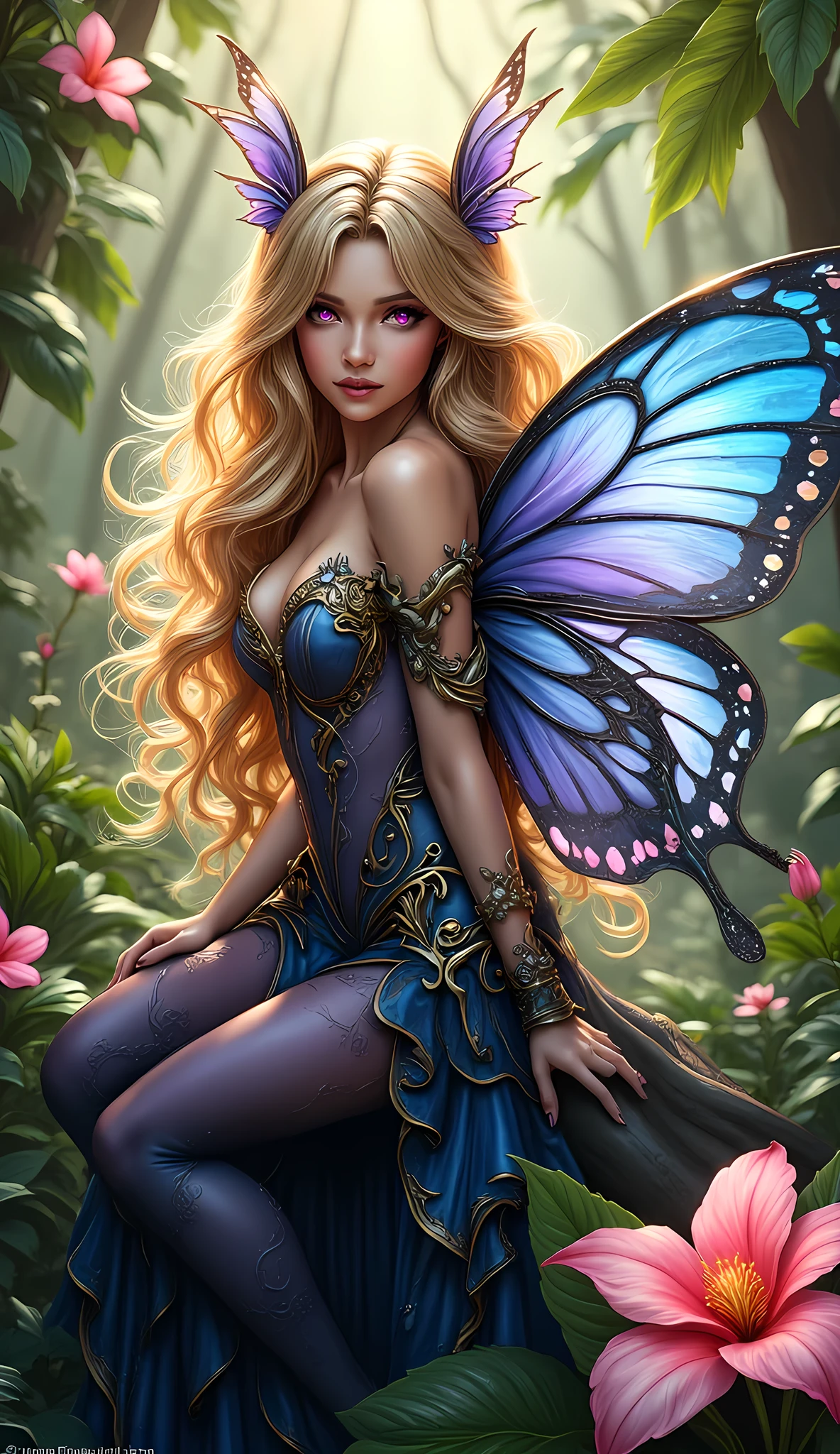 a picture of a jungle fairy, an extraordinary beautiful, elegant beauty, divine beautiful fairy, spread butterfly wings, blue and purple wings, pink eyes, glowing eyes, best detailed face,  blond hair, rich hair, wavy hair, glamour dress, wild dress, dress decorated with jungle flowers, sitting on massive heliconia tree the rain forest, sun rays coming through the trees, Hyperrealism style, vibrant, Ultra-high resolution, High Contrast, (masterpiece:1.5), highest quality, Best aesthetics), best details, best quality, highres, ultra wide angle, 16k, [ultra detailed], masterpiece, best quality, (extremely detailed) RAW, chumbasket art style, FairyTaleAI, fairy wings, hyp3rd3tail style