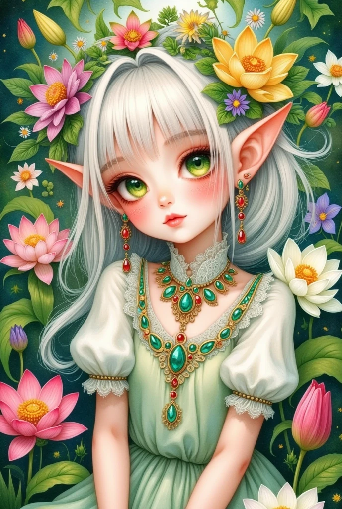 1 Girl,, bangs,flower束,brooch,茶flower,daisy,earrings,Elf,eyelash,nail,flower,gem,Grass, green eyes,holding flower,Jewelry,leaf,lily \(flower\),lily of the valley,lily pad,Long hair,Long sleeve, looking at the audience ,莲flower,lie,mark \(medium\),nail油, split lips ,pearl \(gemstone\),pink flower,Pointed ears, puffy sleeves ,Rose, unique , traditional media,tulip,white flower,White hair,white Rose,yellow flower