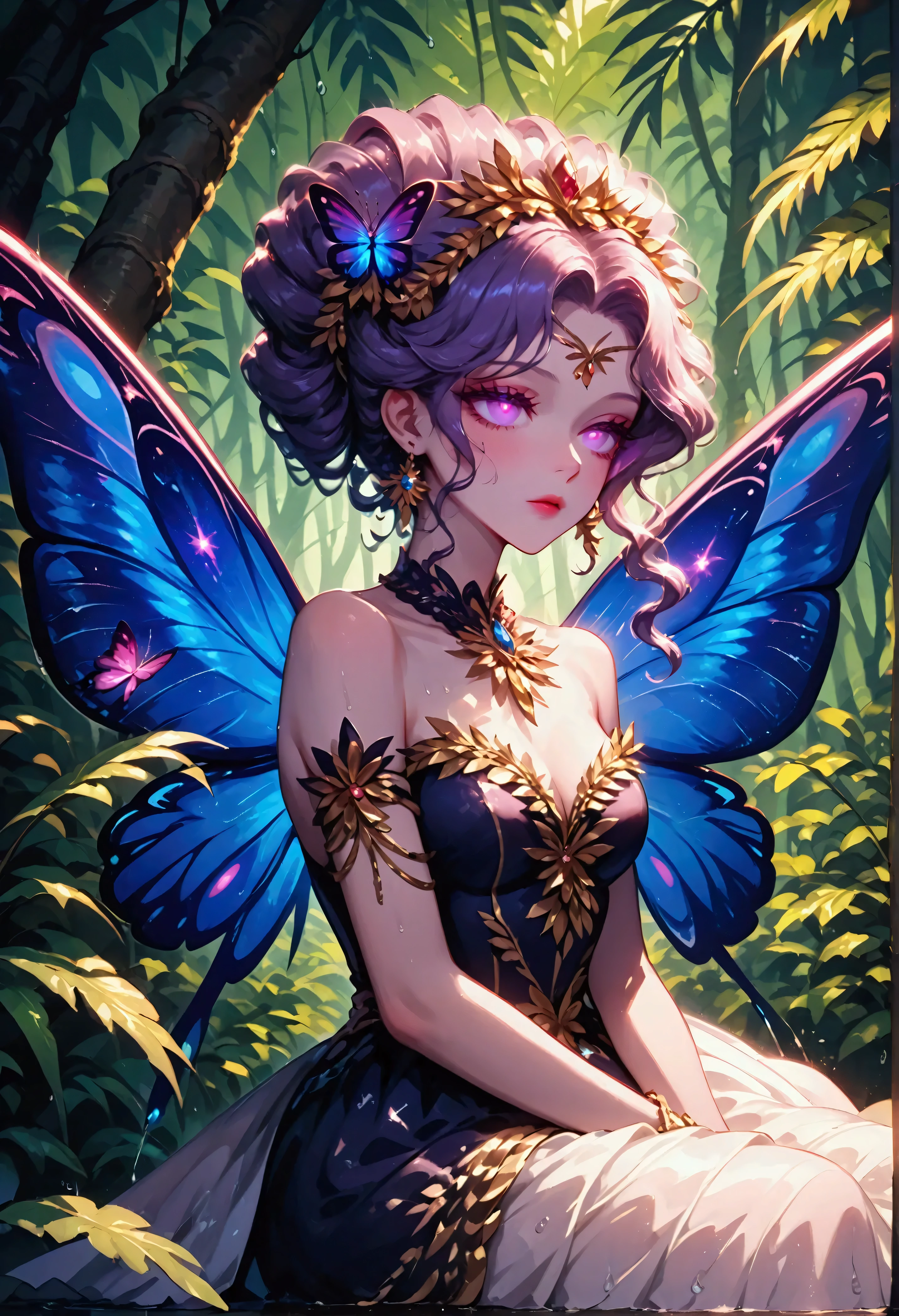 score_9, score_8_up, score_7, a picture of a jungle fairy, an extraordinary beautiful, elegant beauty, divine beautiful fairy, ((anatomically correct: 1.5)) spread butterfly wings, blue and purple wings, pink eyes, glowing eyes, (ultra detailed face: 1.2), best detailed face,  blond hair, rich hair, wavy hair, glamour dress, wild dress, dress decorated with jungle flowers,  sitting on massive heliconia tree the rain forest, sun rays coming through the trees, Hyperrealism style, vibrant, Ultra-high resolution, High Contrast, (masterpiece:1.5), highest quality, Best aesthetics), best details, best quality, highres, ultra wide angle, 16k, [ultra detailed], masterpiece, best quality, (extremely detailed) RAW, PASTELGOTH