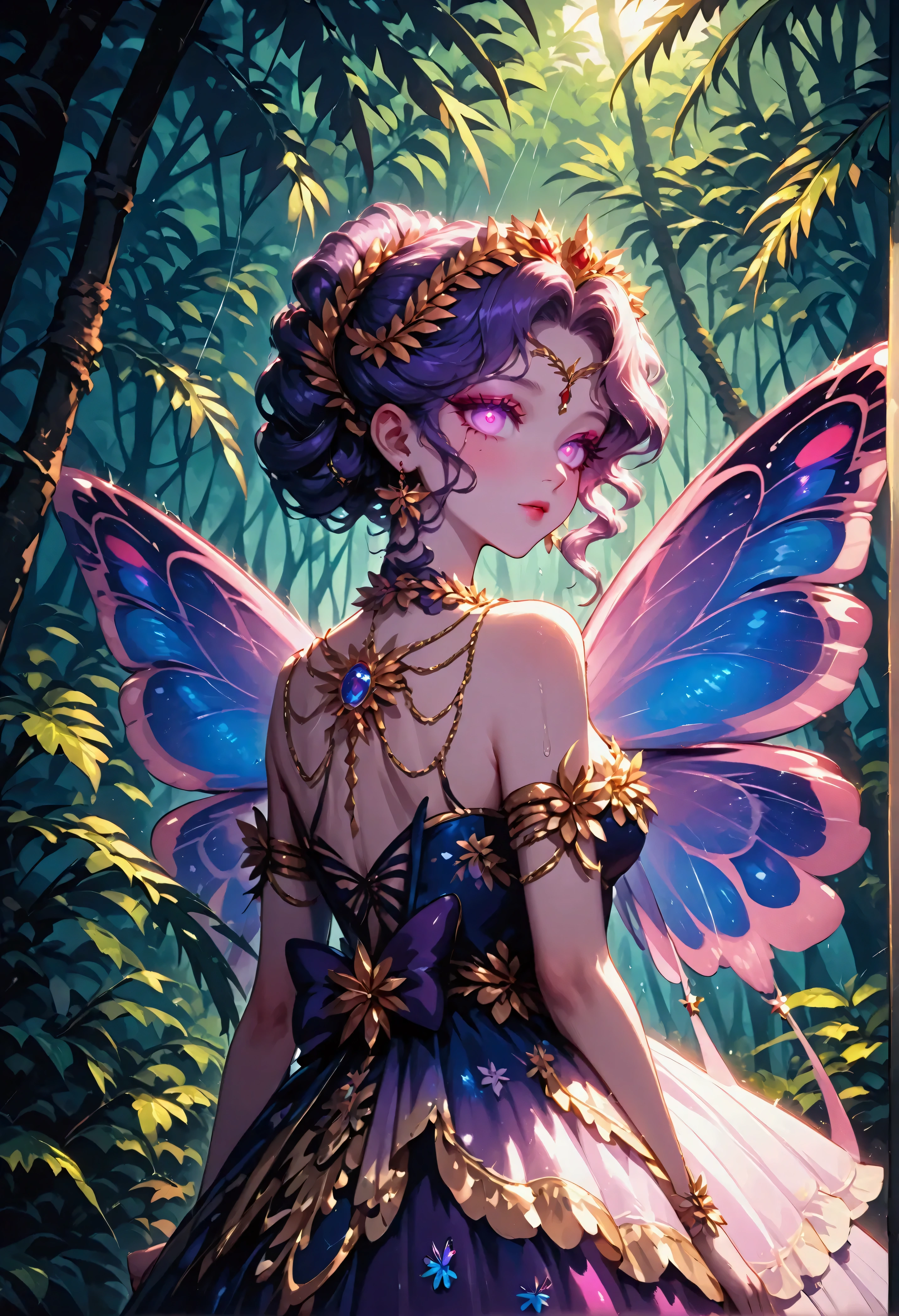 score_9, score_8_up, score_7, a picture of a jungle fairy, an extraordinary beautiful, elegant beauty, divine beautiful fairy, ((anatomically correct: 1.5)) spread butterfly wings, blue and purple wings, pink eyes, glowing eyes, (ultra detailed face: 1.2), best detailed face,  blond hair, rich hair, wavy hair, glamour dress, wild dress, dress decorated with jungle flowers,  sitting on massive heliconia tree the rain forest, sun rays coming through the trees, Hyperrealism style, vibrant, Ultra-high resolution, High Contrast, (masterpiece:1.5), highest quality, Best aesthetics), best details, best quality, highres, ultra wide angle, 16k, [ultra detailed], masterpiece, best quality, (extremely detailed) RAW, PASTELGOTH