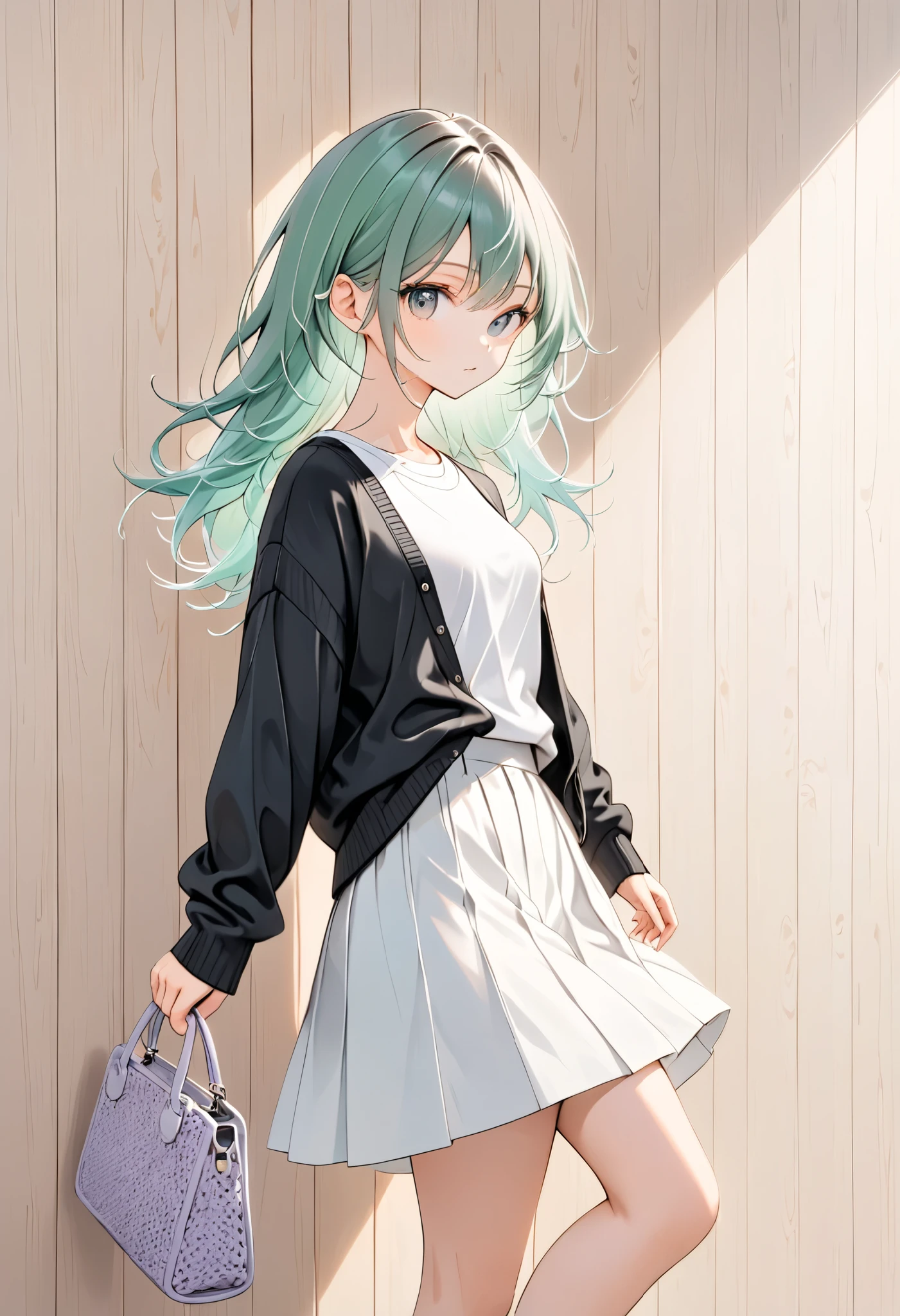 anime girl, pastel,theme color green, fashionable woman,side shot, pastel,casual chic outfit, black cardigan, white graphic t-shirt, long white skirt, purple knitted handbag, black ankle boots, wooden panel background, relaxed pose, minimalist decor, modern style, soft natural lighting, cozy ambiance, effortless fashion, simple yet elegant, contemporary look, stylish and casual, 