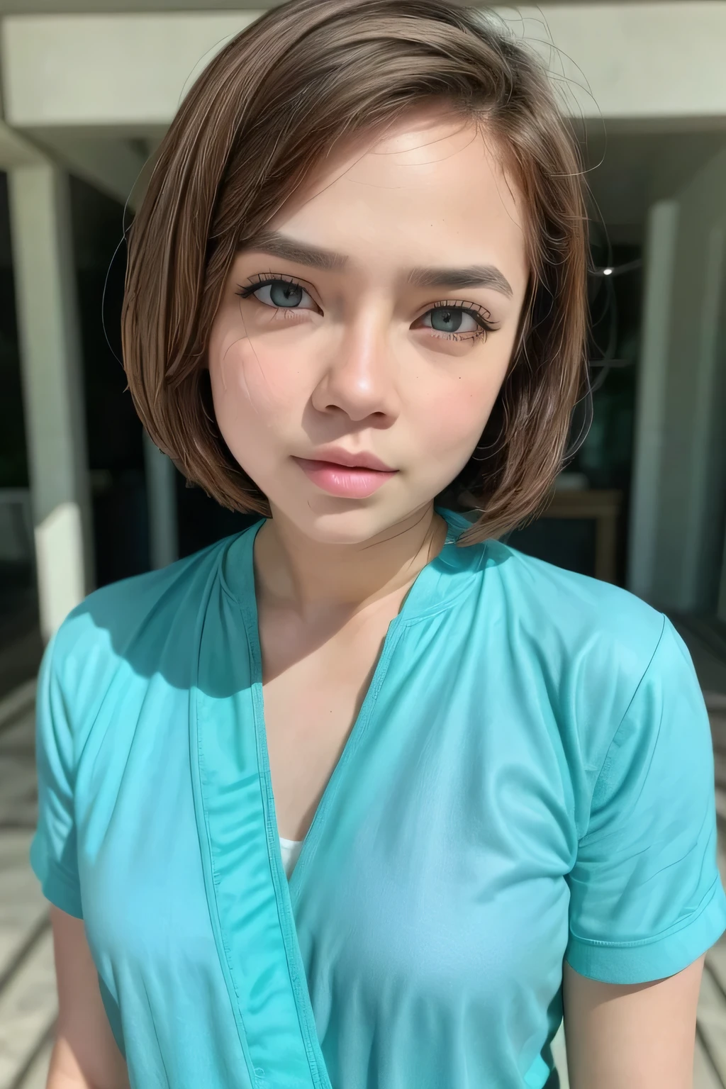 Gadis kecil berambut Shorthaircut bogel, half body portrait. Highly detailed quality, naked flat breasts. thick nipples thick, kain batik sarong 