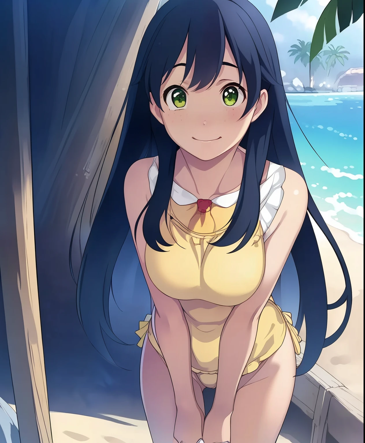 (masterpiece、 best quality、 best quality、 Official Art、 beautiful and beautiful :1.2)、( one girl :1.3)、 twin tails, Beautiful breasts, 1 girl, smile, girl, ((Cream hair )), stares at the viewer , volume lighting, Dynamic Poses 、 Virtual Idol 、 sandy beach、Yellow sports bikini、 green eyes、round face