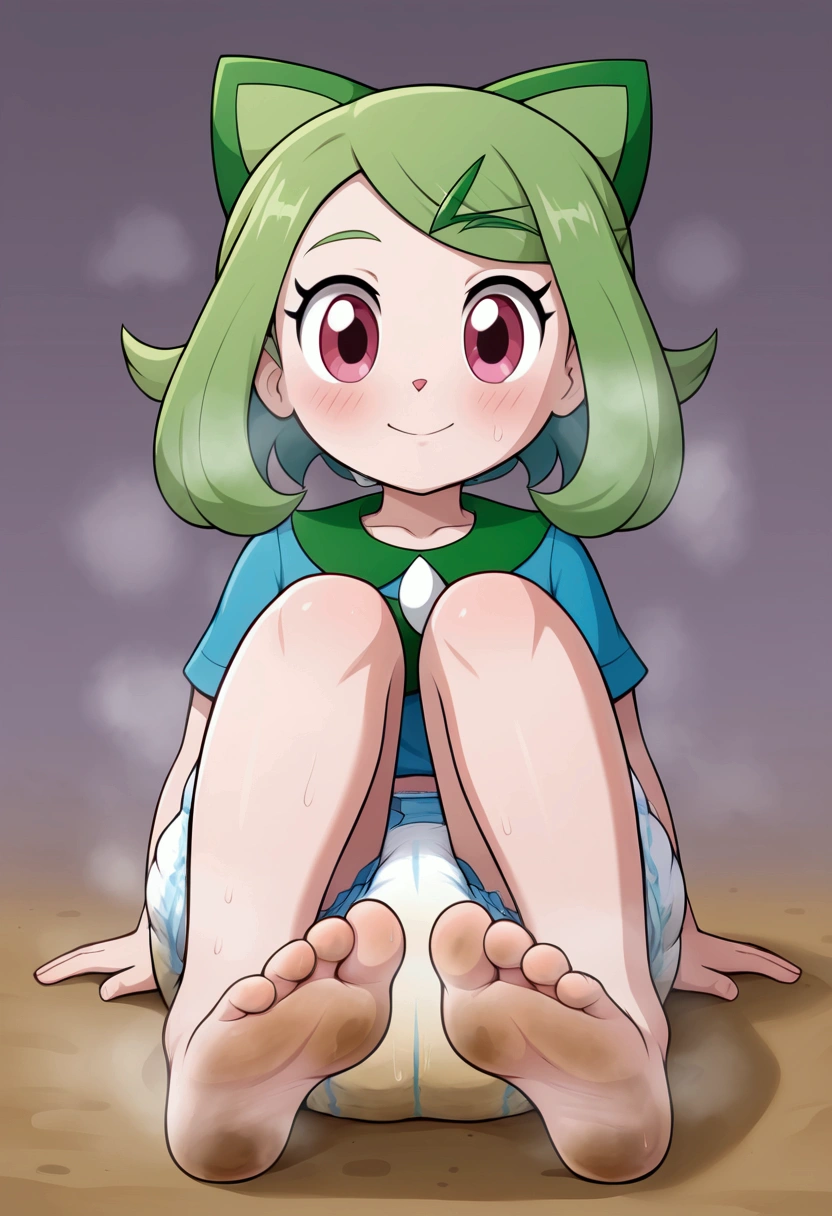 masterpiece, best quality, highres, liko as a toddler, girl sitting, wet diaper, very cute, adorable, curious, barefoot sole, foot focus, dirt, smelly, stinky, steamy, sweaty