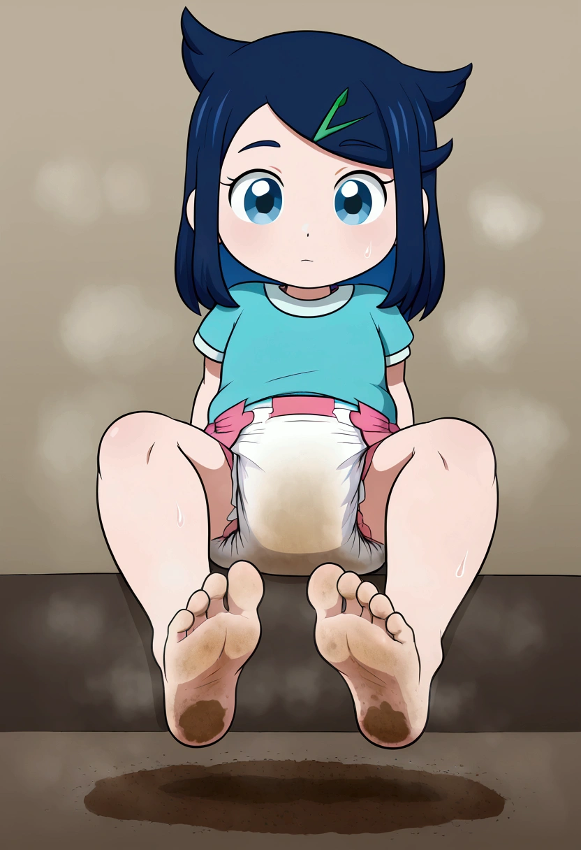 masterpiece, best quality, highres, liko as a toddler, girl sitting, wet diaper, very cute, adorable, curious, barefoot sole, foot focus, dirt, smelly, stinky, steamy, sweaty