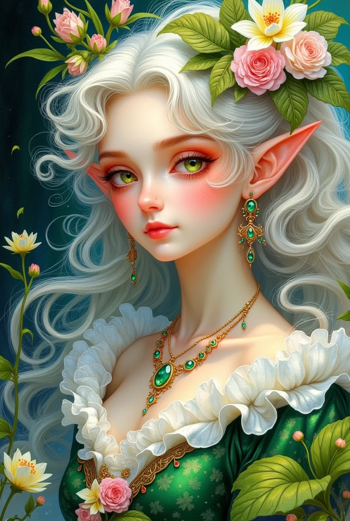  A painting of a girl with green eyes and a necklace, Elf公主, Elf女孩 wearing an flower suit, Elf女孩, Elf princess, 非常美丽的Elf的肖像, (((crazy))) Elf公主,  exquisite digital art , beautiful Elf princess, little Elf女孩, Elf, Elf的肖像,  fantasy art style , a Elf的肖像