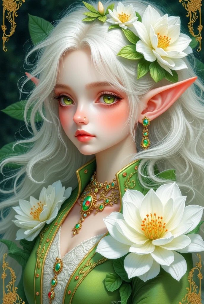  A painting of a girl with green eyes and a necklace ,  A detailed painting inspired by Jasmine Beckett-Griffith, pixiv, Fantasy Art, Elf公主, Elf女孩 wearing an flower suit, Elf女孩, Elf princess, 非常美丽的Elf的肖像, (((crazy))) Elf公主,  exquisite digital art , beautiful Elf princess, little Elf女孩, Elf