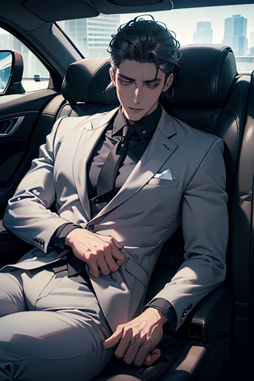 (1 man, 31 years old, CEO in a grey suit, sleeping in a car, full body shot, expression of love, photorealistic, 8k, high definition, masterpiece, ultra-detailed, hyper-realistic, studio lighting, physically-based rendering, extremely detailed, vivid colors, dramatic lighting)