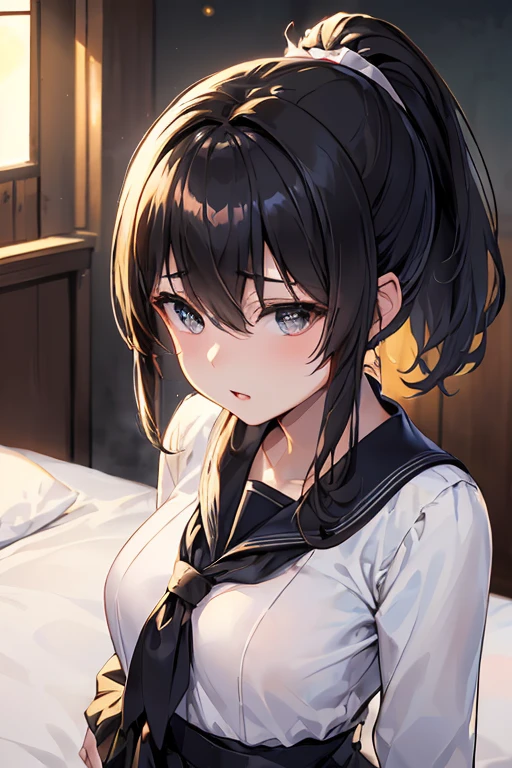 NSFW:1.3. Navy blue short-sleeved sailor suit:1.9. Dark blue uniform pleated skirt:1.9 Ponytail White Underwear:1.3. Tall woman in anime drawings with vivid colors:1.9 Scream:1.9. Lie on the bed with your legs wide open:1.3 Sweat, breasts, buttocks, troubled face, glaring, wrinkled brows, flushed cheeks, night:1.3 Apartment bedroom, white sheets, short black hair, ponytail:1.9 Straight hair, bangs swept to the side:1.9. Slanted eyes, brown eyes, tall, big breasts, strong-willed, beautiful