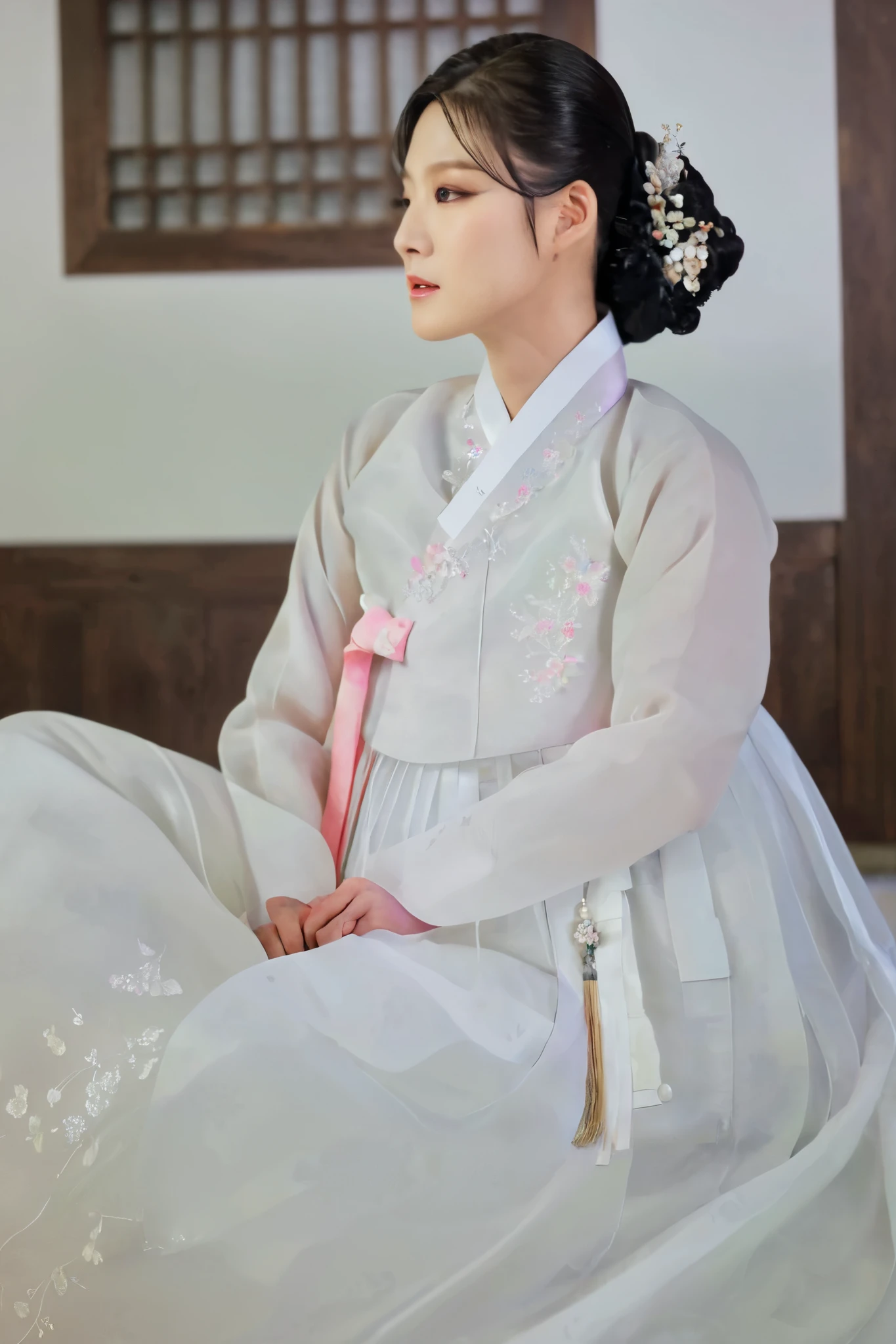 A Korean man in women's hanbok, hi is crossdresser, His face and hairstyle are very masculine, silk, Mother of the Bride hanbok Dress Outfit, breasts like a woman, white, slender female body, sexy see-through jacket, satin, little side view, full body shot, sit quietly