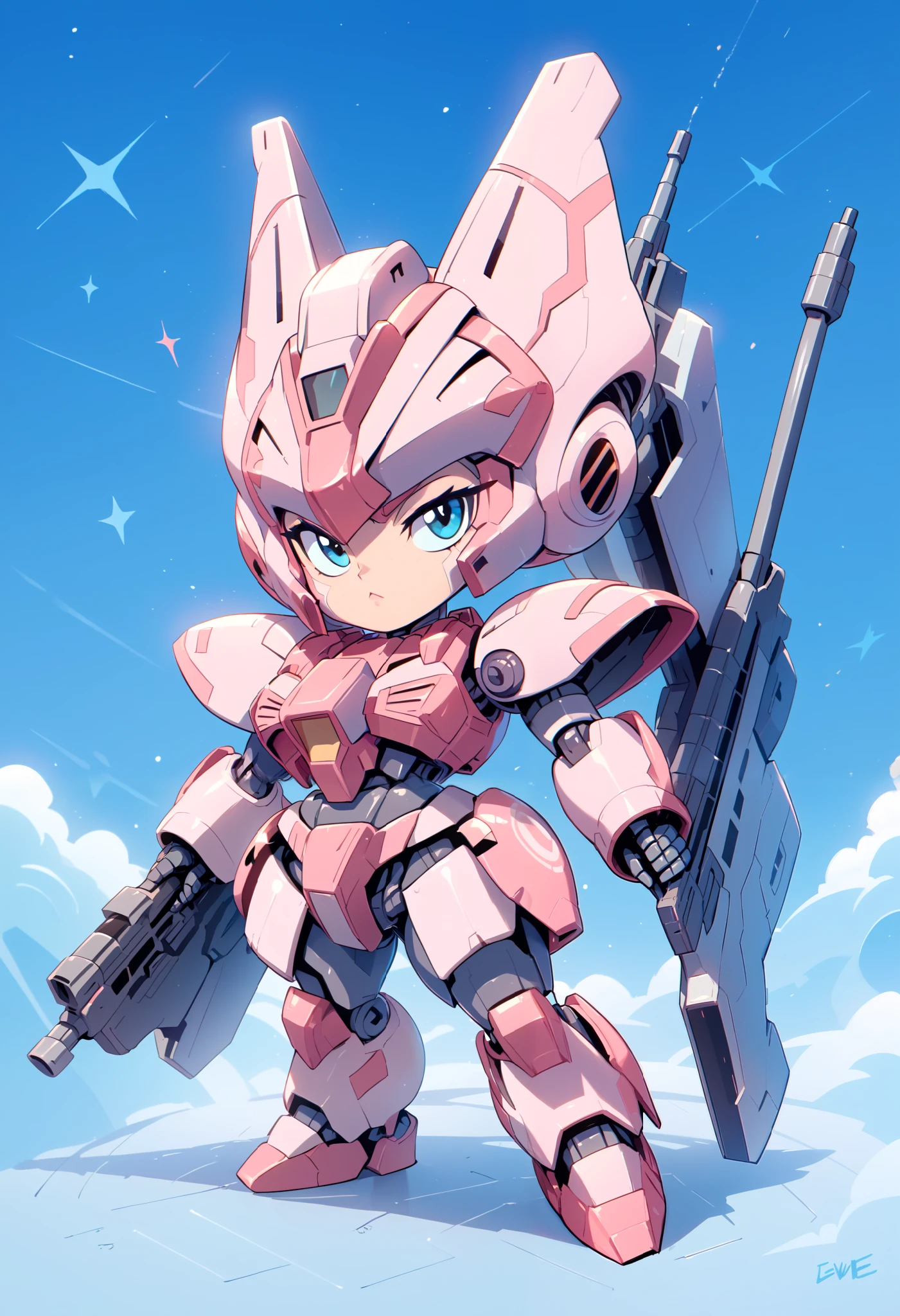 ((masterpiece)), accurate, textured skin, ((super detail)), high quality, high details, highres, best quality, chibi, Gundam, robots, deformed characters, space, star wars, Metallic pink armor, Beam rifle, Heavy Armor, girl, 