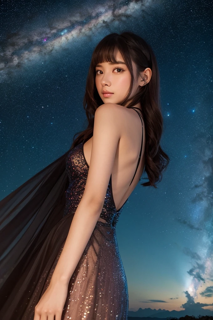 (((masterpiece:1.4, Highest quality:1.4, 8k, Ultra-high resolution, Physically Based Rendering))), Full body portrait, Super beautiful sexy woman, Perfectly shaped body, 24-years-old, (Large eyes with great detail), Fine thin eyebrows, Eye highlights, (Super straight brown hair, bangs, A strong wind is blowing her hair away:1.4), Highly detailed face and skin texture, Clear focus:1.2, Slender beauty:1.4, ((Huge breasts:1.6, Exposing breasts, Erect nipples:1.2)), Slim Abs:1.1, Tight waist:1.2, Distinct facial features, (No makeup), (((Metallic purple revealing dress, Side bust:1.4, Glitter, Dress Lift:1.4, Exposed, Long and beautiful legs))), Wet body, (((detailed beautiful Exposed:1.4, pubic hair:1.5, Cum in pussy:1.5, A milky drips from her pussy down to her thighs.:1.5, Spread:1.2, Touching the pussy:1.1))), (smile:1.3, blush:1.2, lift her chin:1.2, Open your mouth, Sticking out tongue:1.2 ), (View your viewers:1.1), (Spread your legs on the surface of the Uyuni Salt Flats:1.4, Camel Toe), (Night view), (Incredible starry sky:1.2), (A starry sky reflected in the Uyuni Salt Flats:1.3), ((The starry sky is reflected on the beautifully clear water.)), Beautiful big breasts,tall,Fair skin,Half Japanese and half Russian,Must be created by one woman only,