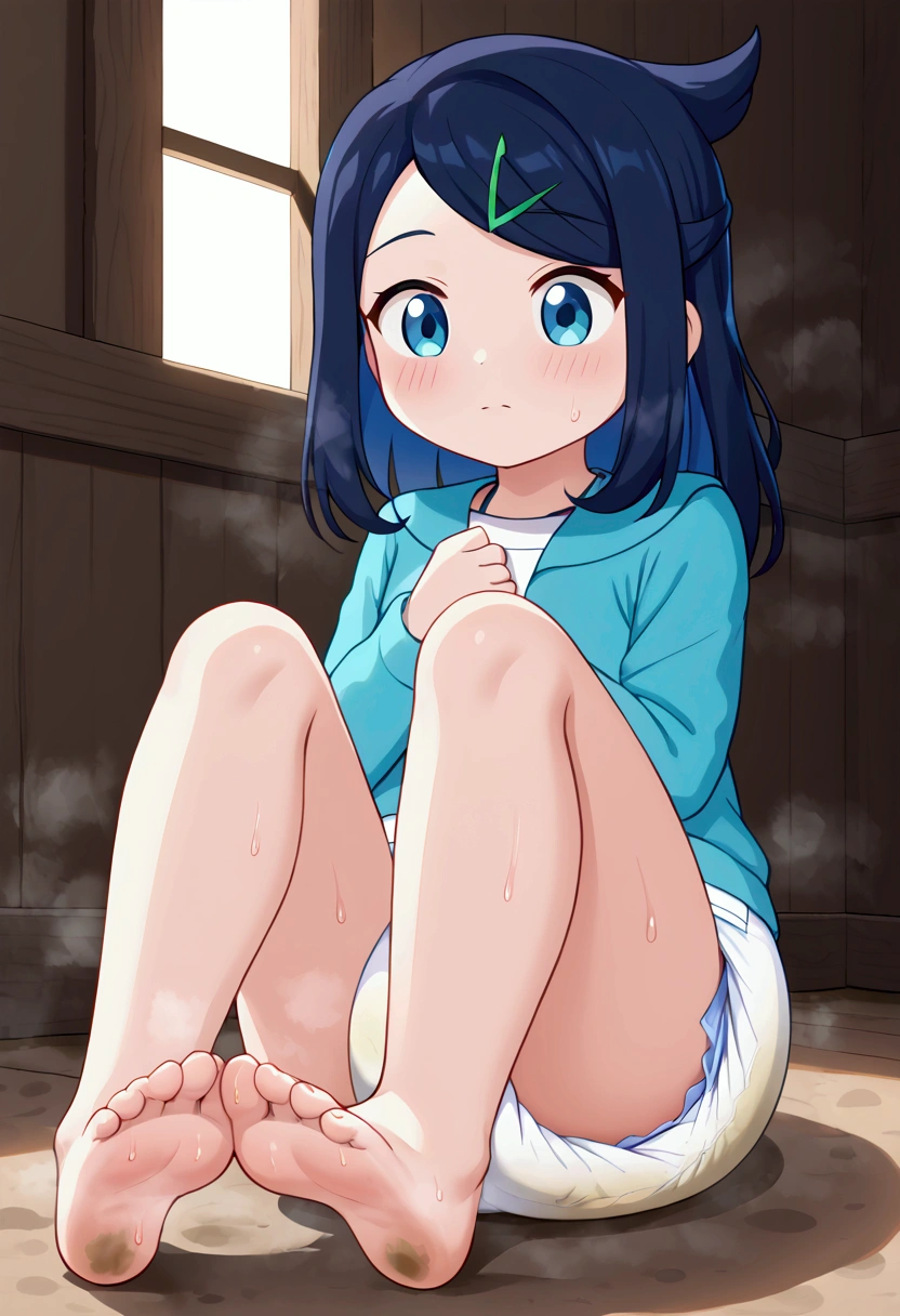 masterpiece, best quality, highres, liko as a toddler, girl sitting, wet diaper, very cute, adorable, curious, barefoot sole, foot focus, dirt, smelly, stinky, steamy, sweaty