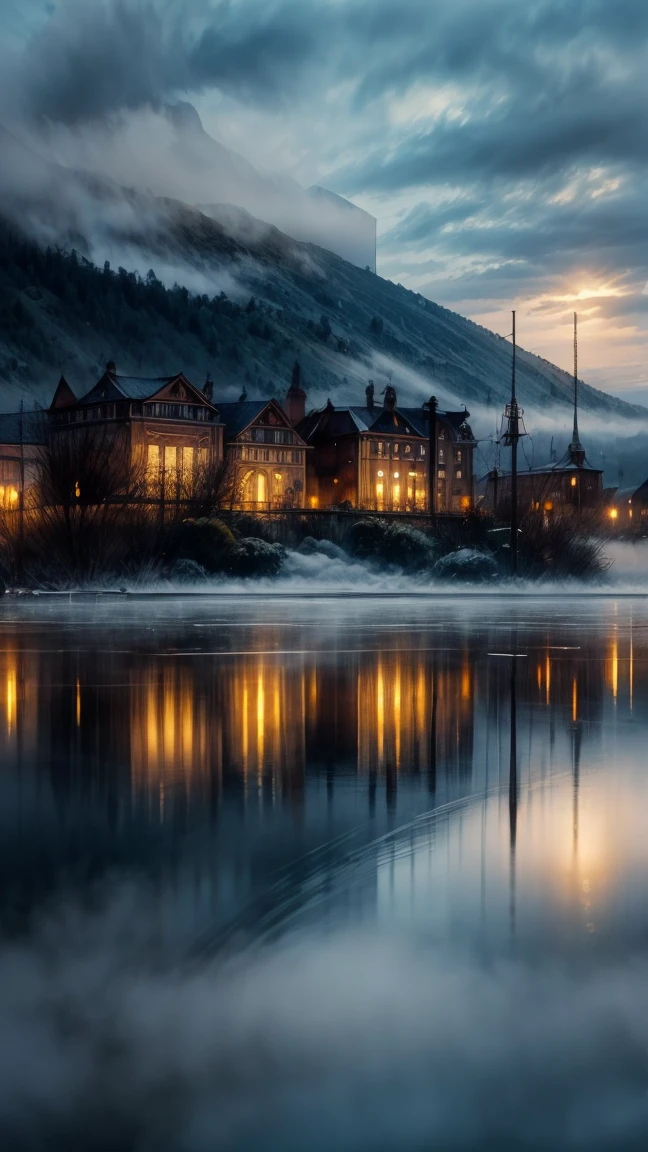 masterpiece, best quality, water, city, reflection of city, (fog:1.3)