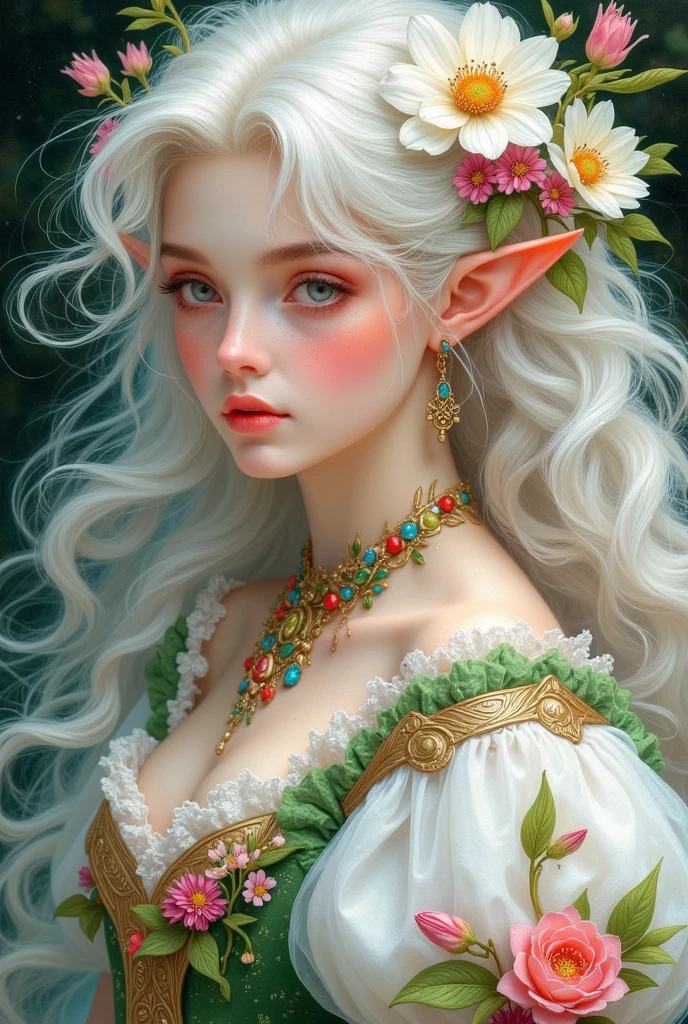 A painting of a woman with white hair and flowers in her hair, Elf Girl wearing an flower suit, Elf Princess, Very beautiful portrait of an elf , Elf Girl, Elf Princess,  A Beautiful Elf in a Gorgeous Robe,  Beautiful and Elegant Elf Queen , beautiful Elf Princess,  Elf Beauty , Flower Goddess, (((crazy))) Elf Princess, 8K high-definition detailed picture