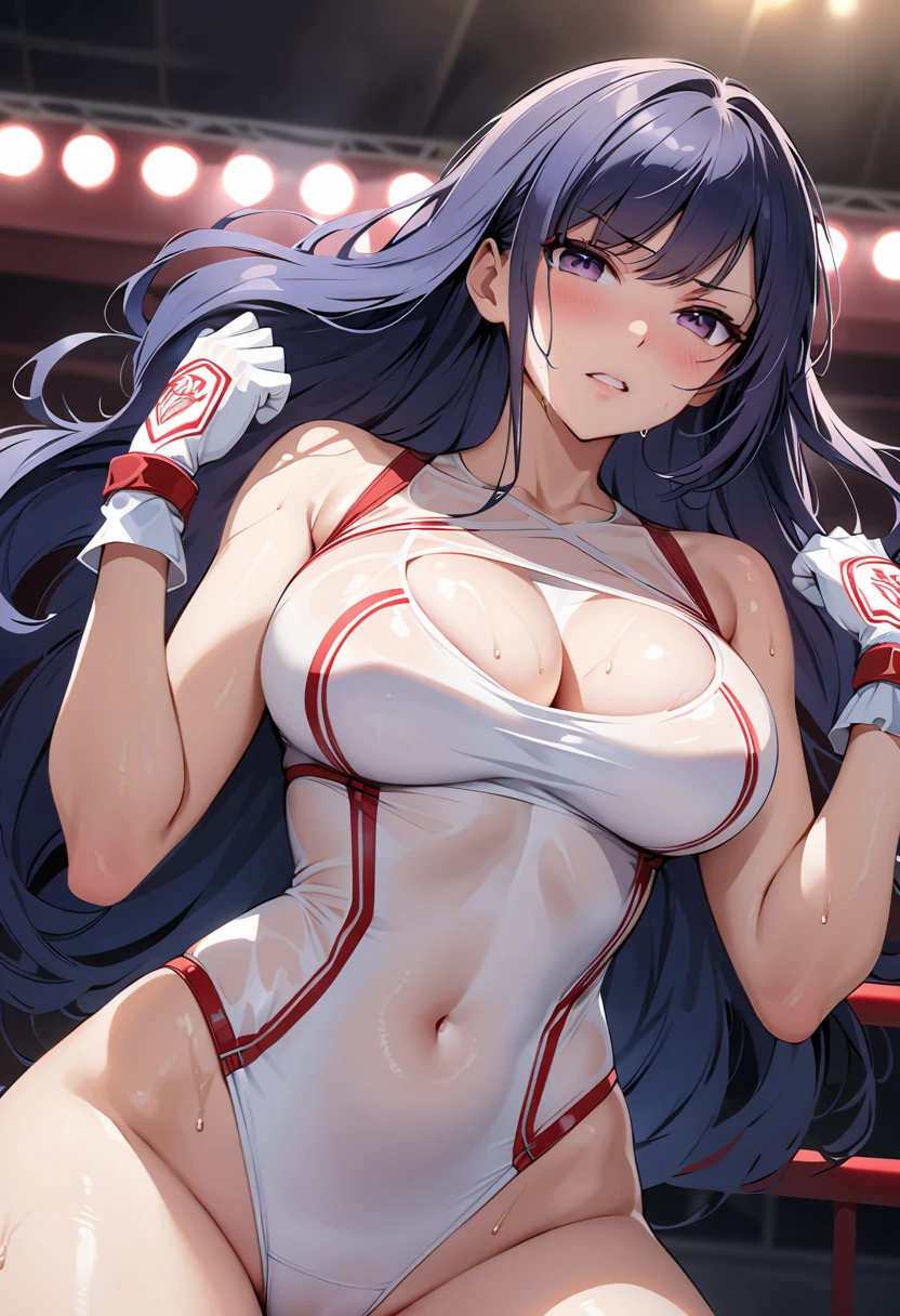 An anime girl laying down in boxing ring naked, her eyes rolled up and heavily breathing 