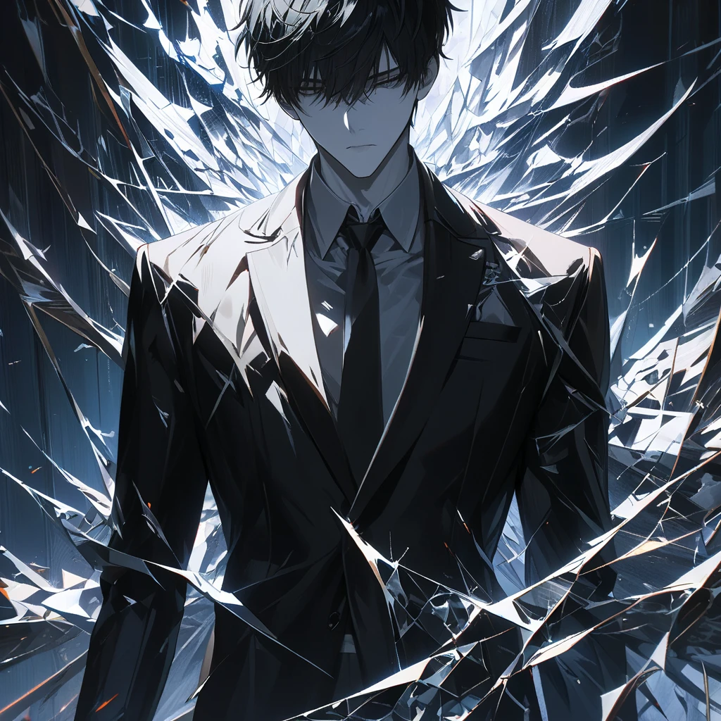 Impasto, short hair, masterpiece, best quality, 1 man, 27-year-old handsome male, black hair, deep-set features, perfect face, grey eyes, pale skin, alone, adult male, upper body, delicate line drawing, extremely detailed, black suit, CEO, slender figure, cold expression, three-quarter body shot, shattered glass background, 4K, ((masterpiece)), ((best quality)), ((high detail)), ((practical)), ((best quality)), ((masterpiece)), ((practical)), high resolution, ((intricate details)), very detailed, masterpiece, best quality, (very detailed CG unity 8k wallpaper), (best quality), (Best Illustration Award), (best shadow), Cowboy Shot.