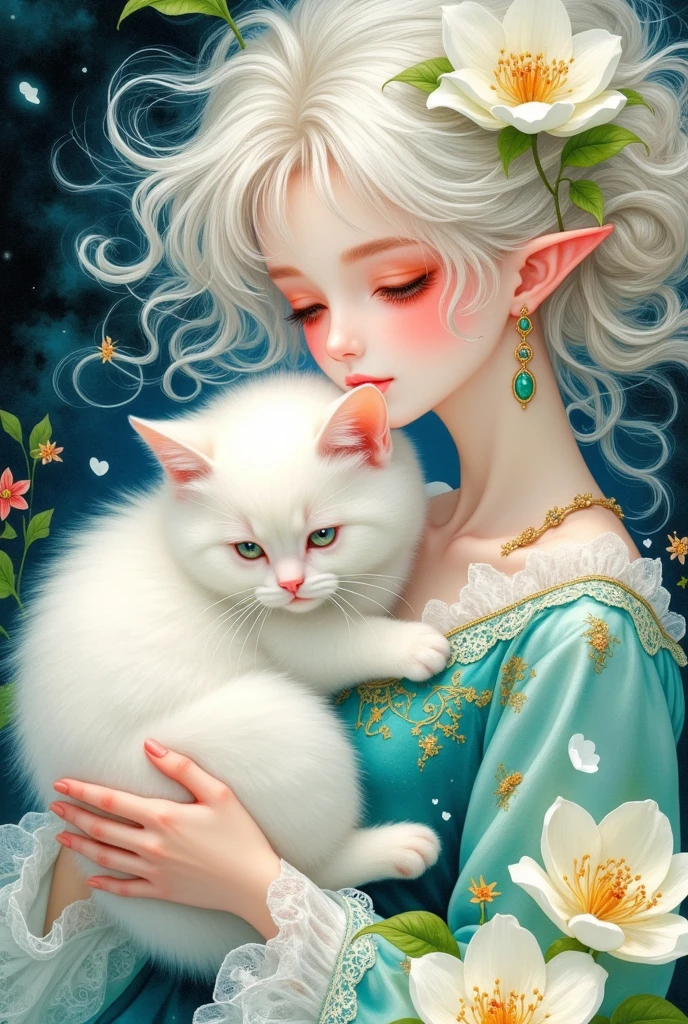 painting of a woman with a cat in her arms,  A detailed painting by Yang Jianjun, pixiv, Fantasy Art, White cat girl, White ( cat ) girl, very beautiful cute catgirl, yoshitakka amano Karol Bak,  a beautiful art illustration , very beautiful anime cat girl,   lovely detailed artwork ,  anime fantasy illustration ,  soft anime illustration 