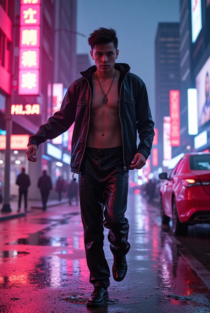 anime:1.5, (masterpiece, Best Quality, High resolution, Fondo de pantalla de unidad de 32K, Extremely detailed CG:1), (weak illustration on stage:1.0), ((1 young and handsome cyberpunk:1.5 dancing in the rain:1.7 )),(( cyberpunk night city:1.4)), neon signs futuristic cars,dark place rain, ((wet clothes magenta neon lights perfectly illuminating the young man:1.45) . 32K