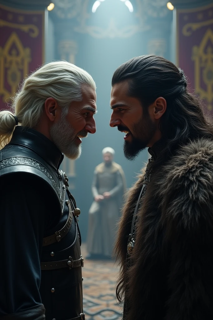 The Final Showdown: Capture o confronto intenso entre Dhorion e Dylan, with the blade of the athame pressed against Dhorion&#39;s jugular. The tension must be palpable, with the light and shadows intensifying the fight and confrontation scene.
