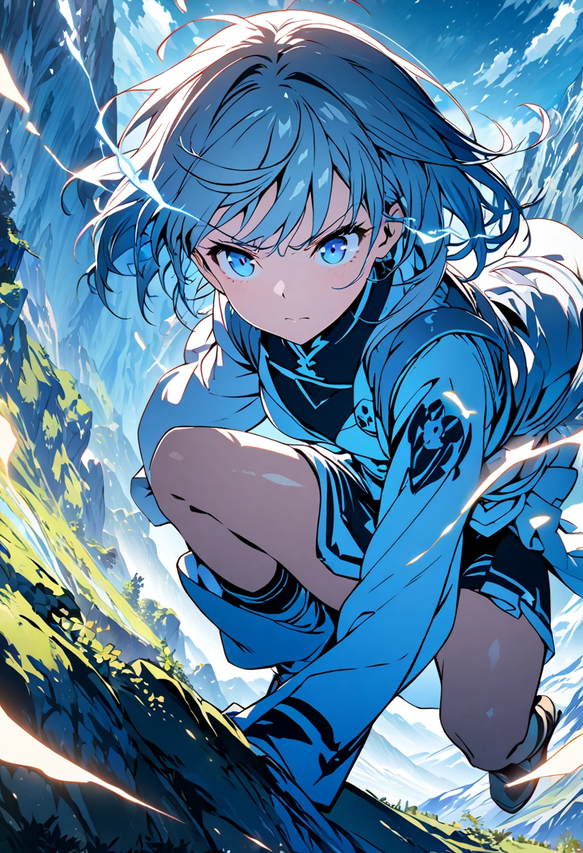 (Anime illustration of a girl with a rabbit motif. Squatting down. The effect of storing energy in the legs. The energy is blue and shining. The background is a scene in the mountains. Angle viewed from top to bottom. A serious expression. masterpiece, best quality, extremely detailed CG unity 8k wallpaper,