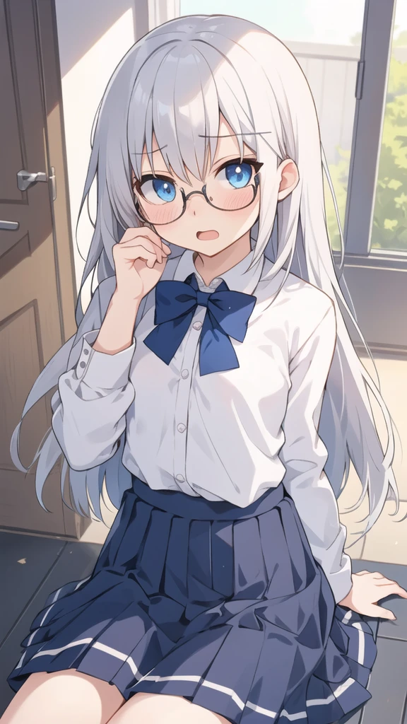 cute girl, anime, silver hair, straight hair, blue eyes, (young:1.3), (Small Bust :0.9), (cute:1.3), (middle bust:0.7), (cute girl:1.2), cowboy shot, cute, (shy:1.2), o-face, (slender:1.4), open mouth, shy, orgasm, bad room, love juice, o-face, Fair skin, Glare, side shot, Glasses, Lying on your back, white school uniform, dark blue skirts, sit down