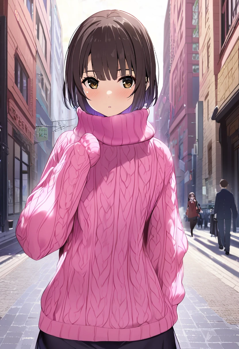 1 girl, megumi kato, master piece, up to breath,master details body,high fleshness body, immoral girl,city street , pink street,doutei killer sweater,
