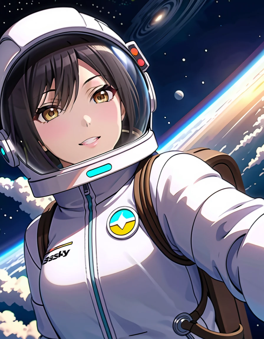 (spacesuit:1.15), white cargo pants, astronaut)bubble helmet, space helmet, white gloves , , looking close at you, outer space, floating, masterpiece, best quality, 1girl, beautiful,  image from below, solo, , shirase sakuya, srssky, black hair, straight hair, bangs, yellow eyes, large breasts, happy, waving, fullbody