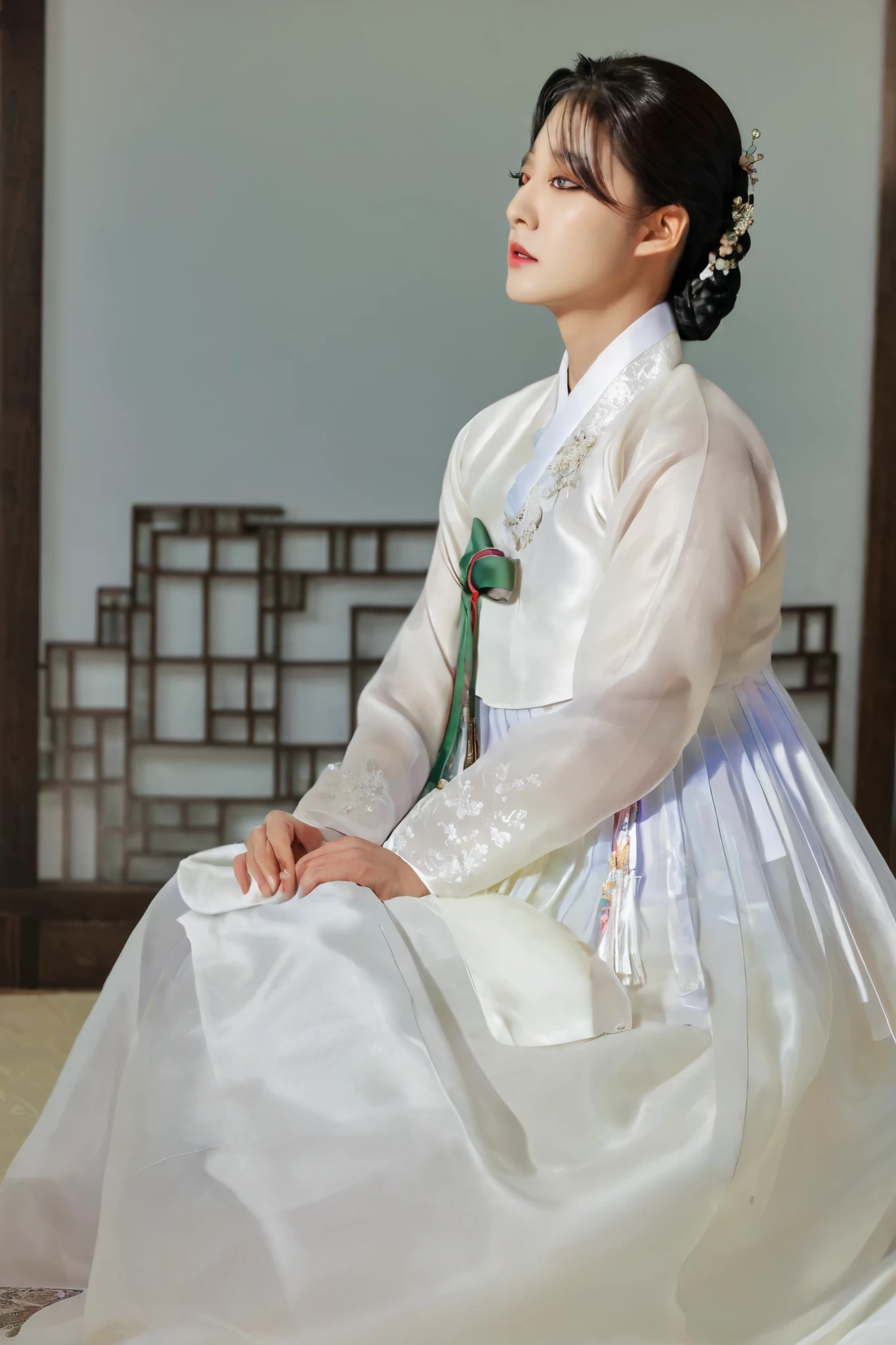 A Korean man in women's hanbok, hi is crossdresser, His face and hairstyle are very masculine, silk, Mother of the Bride hanbok Dress Outfit, breasts like a woman, white, slender female body, sexy see-through jacket, satin, little side view, full body shot, sit quietly