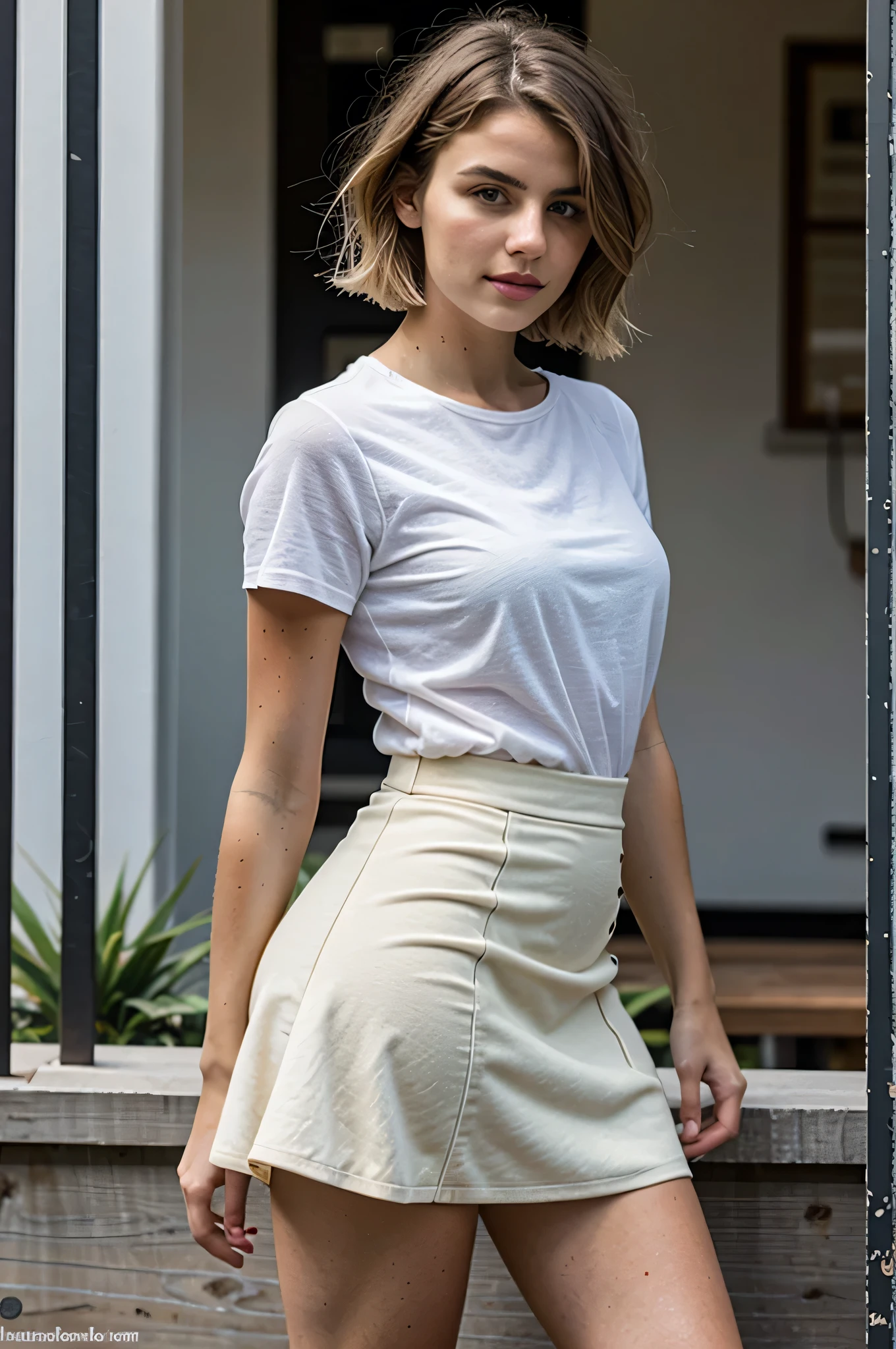 best quality, clear quality, high quality, 4K, 8k, close view, young french woman, short blond hair, sexy posing, wearing skirt, looking at the camera