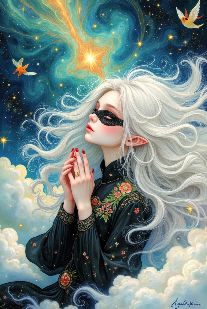 A painting of a white-haired woman with a black mask, An extremely detailed painting by Yang Jianjun, tumblr, Fantasy Art,  Korean Art Nouveau anime ,  anime fantasy illustration ,  Dreaming of Flying Through the Sky , yoshitakka amano Karol Bak, anime Fantasy Artwork,  a beautiful art illustration , Fantasy Art style, beautiful fantasy anime ,  intricate fantasy painting 