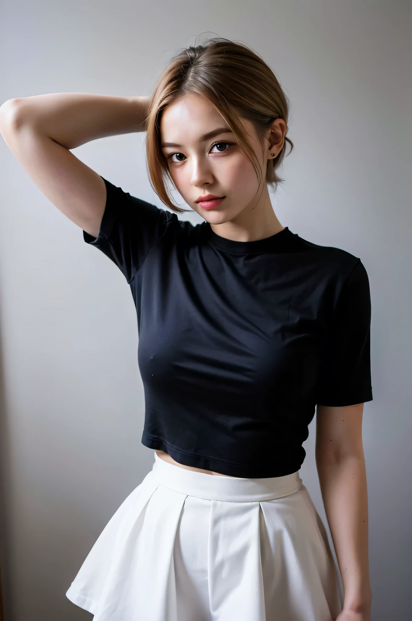 best quality, clear quality, high quality, 4K, 8k, close view, young french woman, short blond hair, sexy posing, wearing skirt, looking at the camera