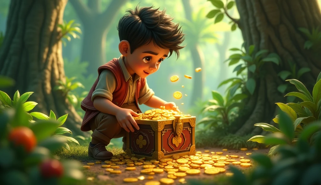 Boy finds a box of gold in jungle