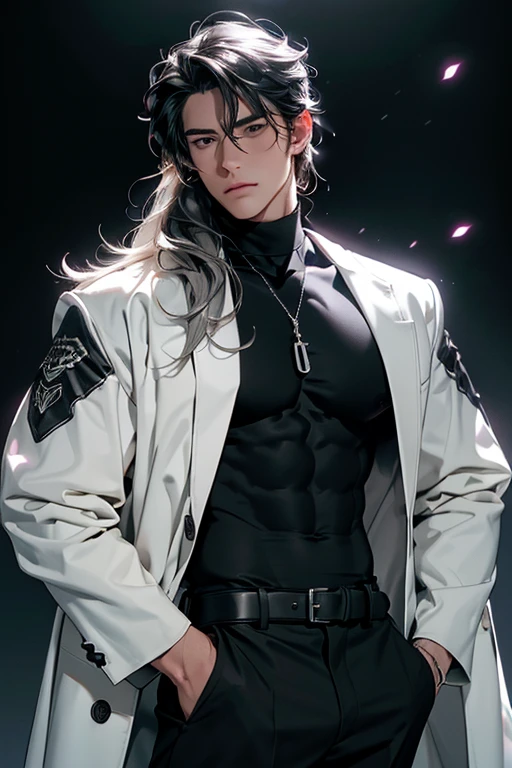 full HD, 4K, better quality, ((1 Adult man, 40 years))), ((white long Hair)), ((grey eyes)), white turtleneck, black trousers, Black background, Large assembly, Pumped up body, good anatomy, (super detailed face), (Detailed eyes, Even the eyes), soft look, soft expression, Dynamic pose in a black cloak, military, half-naked chest, tattoos on the body, glowing light, (flowers at the background)