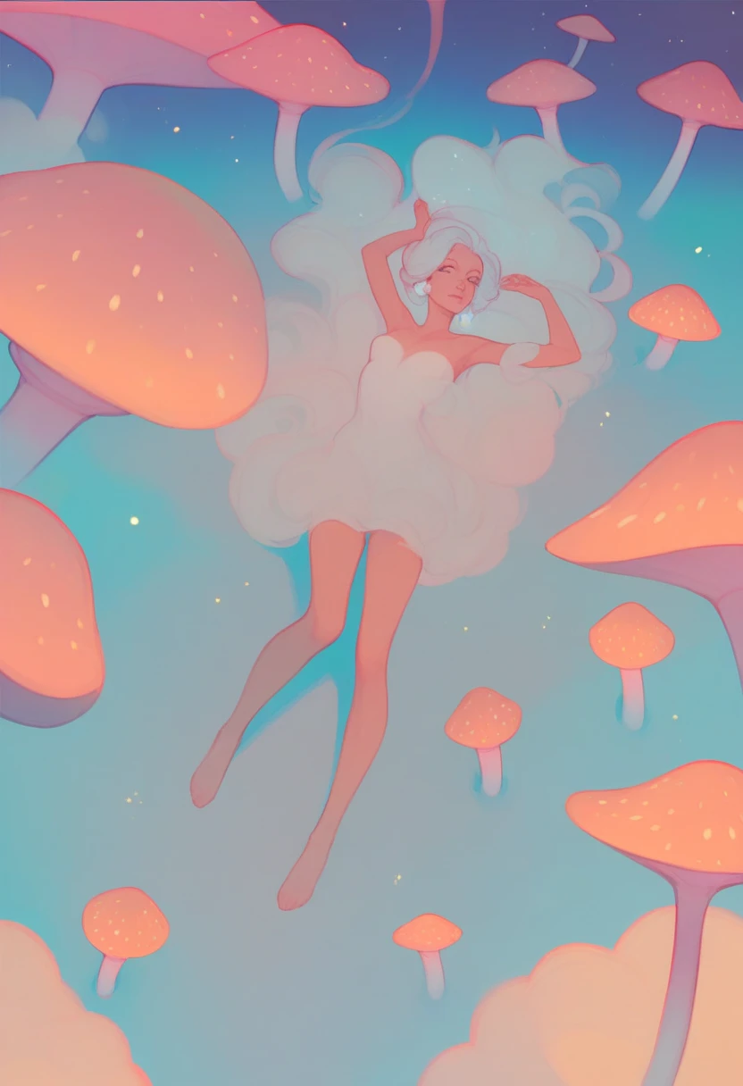 A beautiful design in vaporwave style, beautiful nude woman laying in a field of mushrooms with smoke trailing of into a surreal night sky, magical twinkling stars, glowing, simple background, full body, view from above, dynamic angle, dynamic lighting 