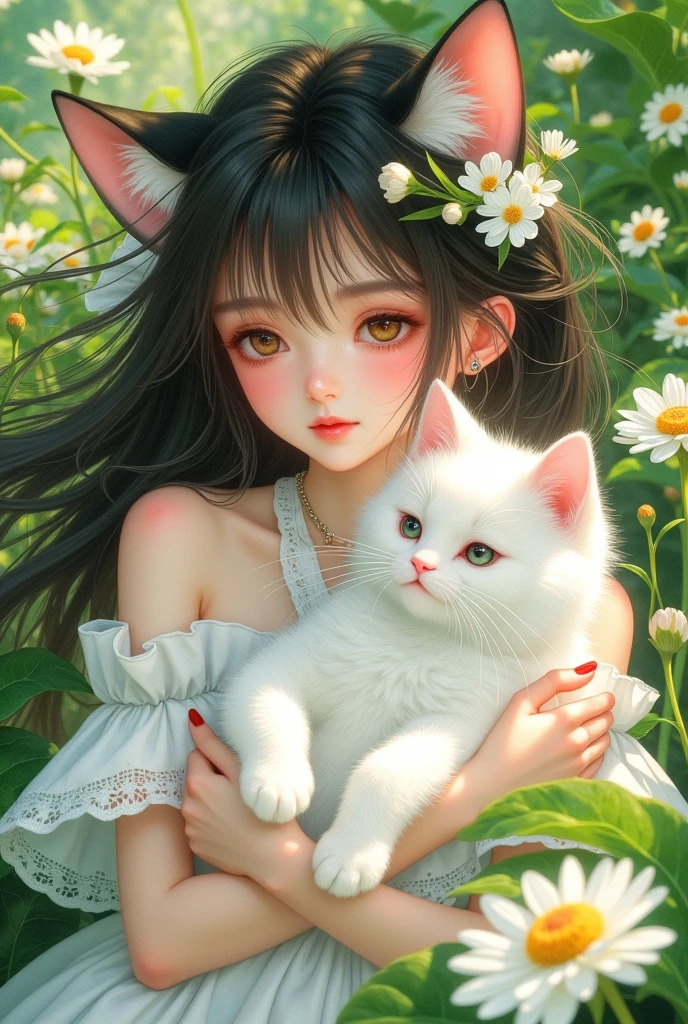 a close up of a woman holding a White cat in a garden, very beautiful cute catgirl,  exquisite digital art , White cat girl, 可爱的数字艺术,  cute digital painting , White ( cat ) girl, author：The J,   lovely detailed artwork , author：Ni Duan, Fine Art UHD 4K , author：unbelievable, very beautiful anime cat girl