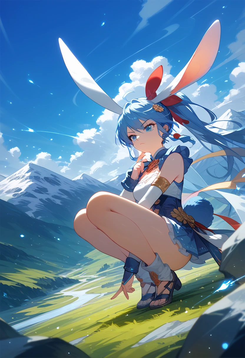 (Anime illustration of a girl with a rabbit motif. Squatting down. The effect of storing energy in the legs. The energy is blue and shining. The background is a scene in the mountains. Angle viewed from top to bottom. A serious expression. masterpiece, best quality, extremely detailed CG unity 8k wallpaper,