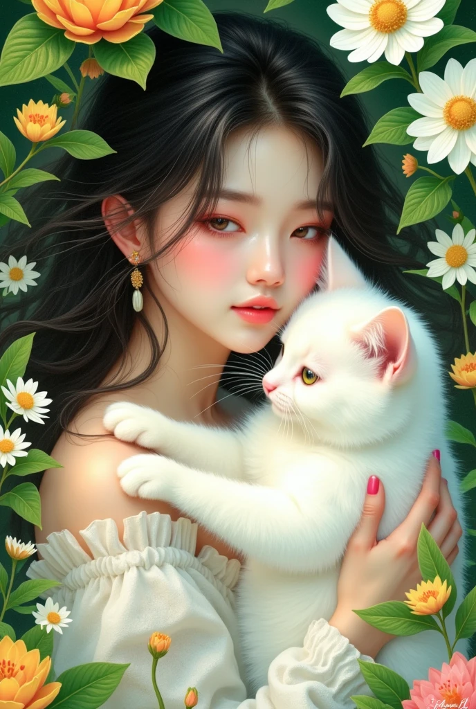 a close up of a woman holding a White cat in a garden, Digital Paintings ，The author is Yang J , Popular in the CG community , Fantasy Art, very beautiful cute catgirl,  exquisite digital art , White cat girl, 可爱的数字艺术,  cute digital painting , White ( cat ) girl,   lovely detailed artwork , Fine Art UHD 4K , very beautiful anime cat girl