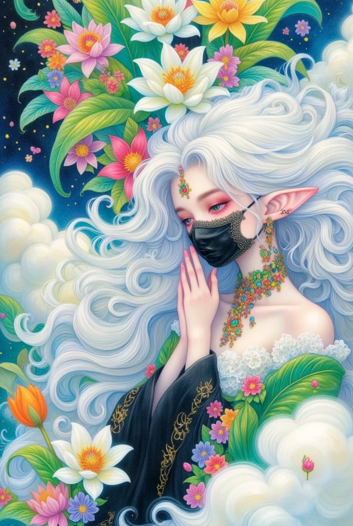 A painting of a white-haired woman with a black mask,  An extremely detailed painting by Yang Jianjun, tumblr, Fantasy Art,  Korean Art Nouveau anime ,  anime fantasy illustration ,  Dreaming of Flying Through the Sky , yoshitakka amano Karol Bak, anime Fantasy Artwork,  a beautiful art illustration , Fantasy Art style, beautiful fantasy anime ,  intricate fantasy painting 