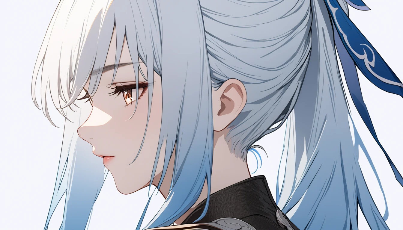 (jingliu), honkai star rail, star rail, (masterpiece), (best quality), (ultra detailed), (illustration), (1girl), Fashion model, side profile, (simple background), delicate beautiful face, close up to mouth, ponytail, jingliu, silver hair, bangs, hair ring, best lighting, best shadow, hd