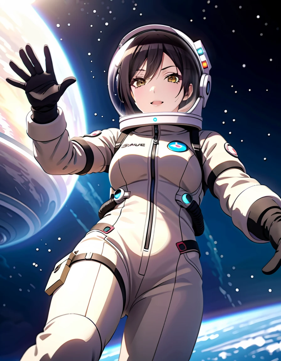 (spacesuit:1.15), white cargo pants, astronaut)bubble helmet, space helmet, white gloves , , looking close at you, outer space, floating, masterpiece, best quality, 1girl, beautiful,  image from below, solo, , shirase sakuya, srssky, black hair, straight hair, bangs, yellow eyes, large breasts, happy, waving, fullbody