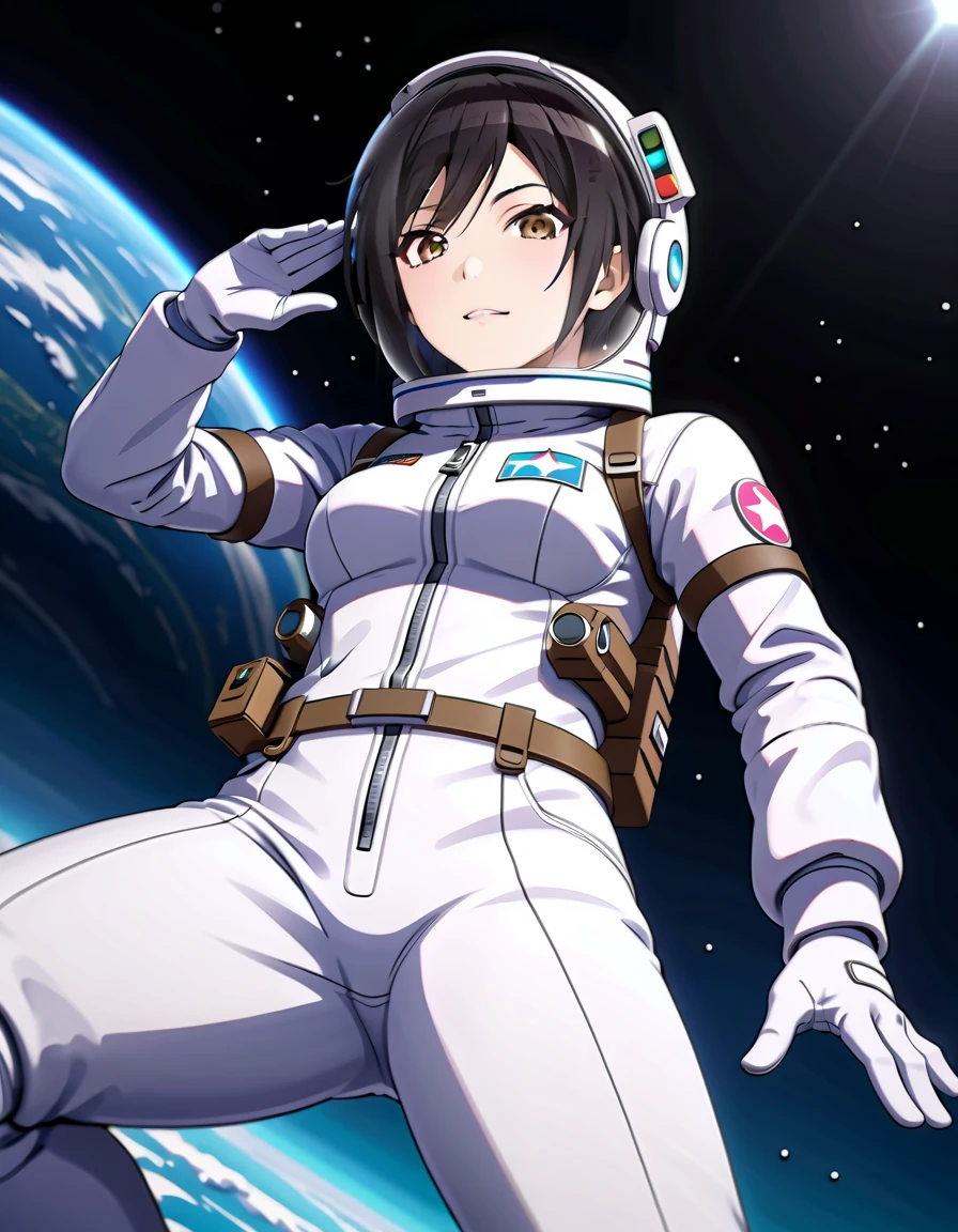 (spacesuit:1.15), white cargo pants, astronaut)bubble helmet, space helmet, white gloves , , looking close at you, outer space, floating, masterpiece, best quality, 1girl, beautiful,  image from below, solo, , shirase sakuya, srssky, black hair, straight hair, bangs, yellow eyes, large breasts, happy, difficulty breathing, saluting, fullbody