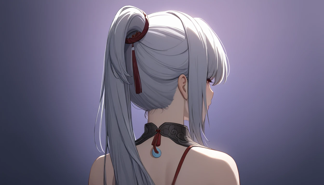 (baiheng), honkai star rail, star rail, (masterpiece), (best quality), (ultra detailed), (illustration), (1girl), back view, facing away from camera, (simple background), fox ears, prurple hair, foxian, ponytail, baiheng, silver hair, bangs, hair ring, best lighting, best shadow, hd