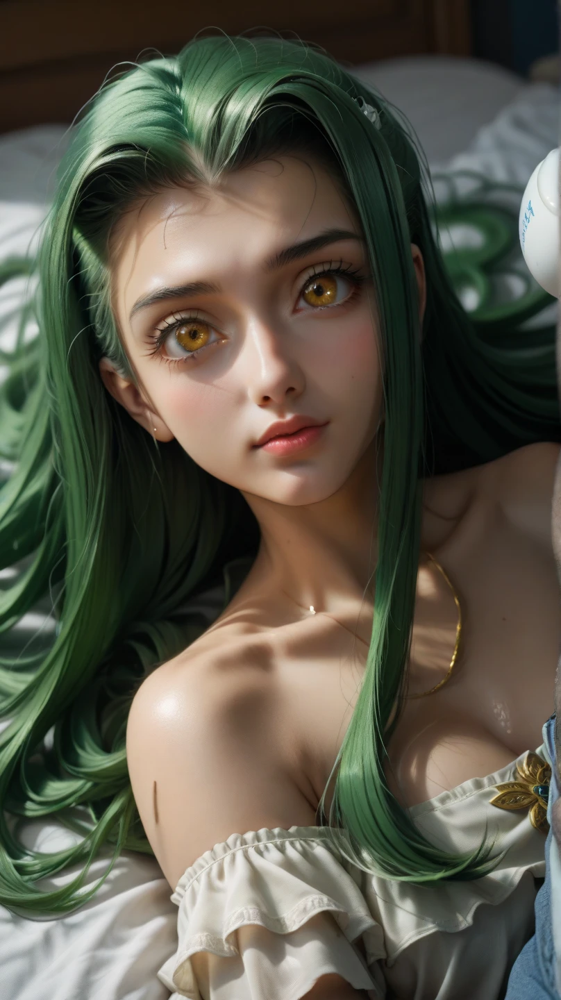  anime woman, CC, Code Geass, long green hair, yellow eyes , thin two piece bikiny , on bed , milk drop on face , , دقة عالية, عمل رائع, علم التشريح صحيح, دقيق, أفضل جودة, 