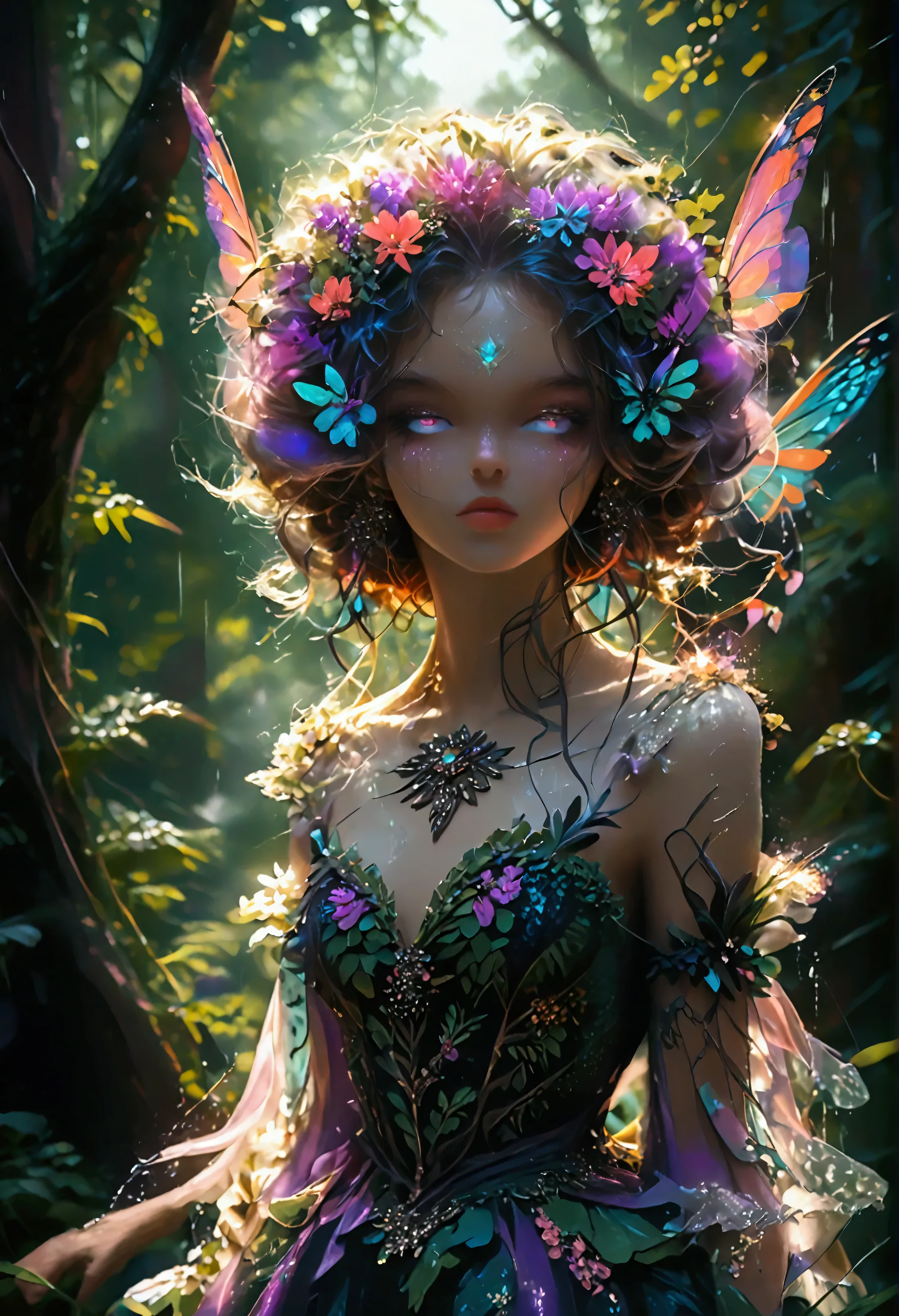 a picture of a jungle fairy, an extraordinary beautiful, elegant beauty, divine beautiful fairy, spread butterfly wings, blue and purple wings, pink eyes, glowing eyes, best detailed face,  blond hair, rich hair, wavy hair, glamour dress, wild dress, dress decorated with jungle flowers, sitting on massive heliconia tree the rain forest, sun rays coming through the trees, Hyperrealism style, vibrant, Ultra-high resolution, High Contrast, (masterpiece:1.5), highest quality, Best aesthetics), best details, best quality, highres, ultra wide angle, 16k, [ultra detailed], masterpiece, best quality, (extremely detailed) RAW, chumbasket art style, FairyTaleAI, fairy wings, hyp3rd3tail style