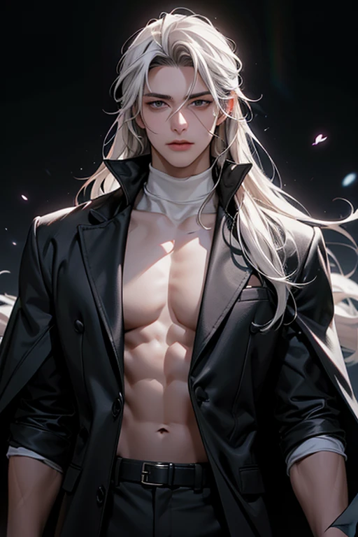 full HD, 4K, better quality, ((1 Adult man, 40 years))), ((white long Hair)), ((grey eyes)), white turtleneck, black trousers, Black background, Large assembly, Pumped up body, good anatomy, (super detailed face), (Detailed eyes, Even the eyes), soft look, soft expression, Dynamic pose in a black cloak, military, half-naked chest, tattoos on the body, glowing light, (flowers at the background)